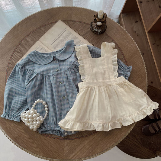 Doll Collar Jumpsuit & Skirt Set - Sweet Vintage Style for Little Ladies